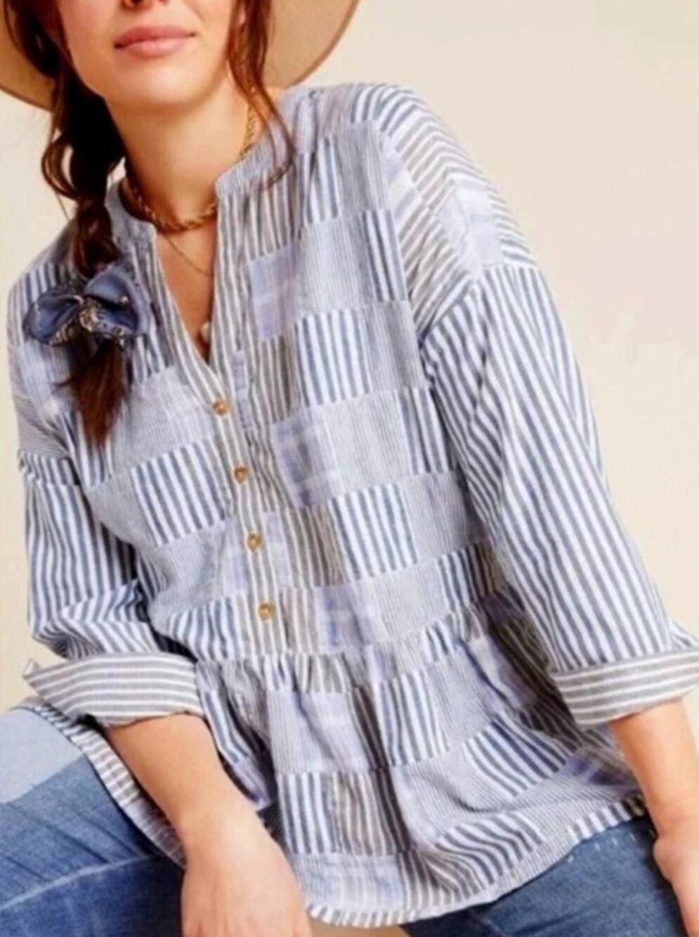 Striped Patchwork Button-Front Women’s Blouse - Light Blue - Size Medium